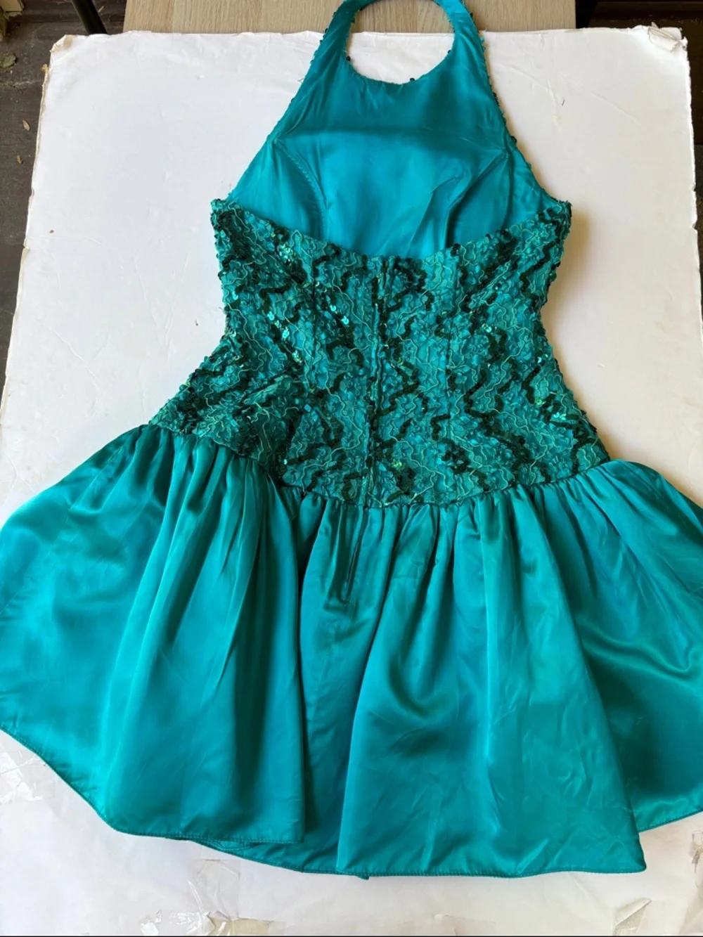 Vintage 80’s Sequin Party Dress Teal Bow Halter Bow Dropwaist Cocktail Dance 90’ - Picture 5 of 17